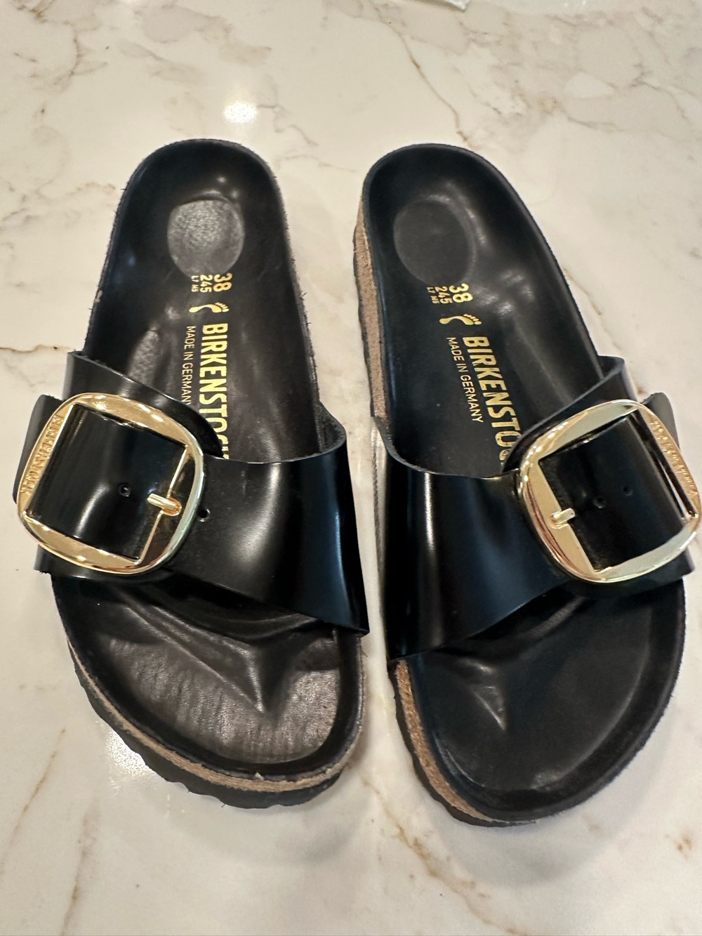 Birkenstock Black Madrid-high shine Slide Sandals with Big Gold Buckle